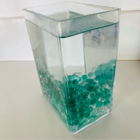 VINTAGE Square Rectangle Aquarium Glass Vase Green Round Pebble Marbles Decor - Picture 3 of 5